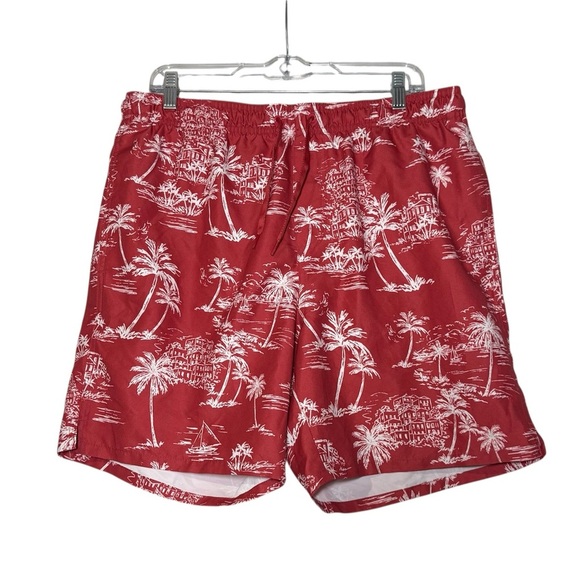 Old Navy Red and White Swim Trunks Palm Trees Beach Print Size Large Summer Swim - Picture 1 of 9